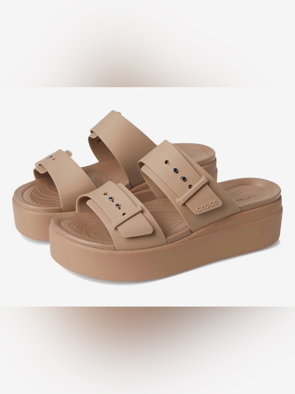 NWOT Crocs Brooklyn Buckle Low Wedges in Latte Size 7